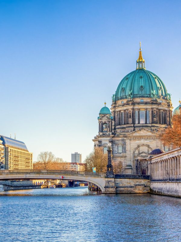 Berlin Cathedral (Berliner Dom) and Museum Island (Museumsinsel) reflected in Spree River, Berlin, Germany, Europe.